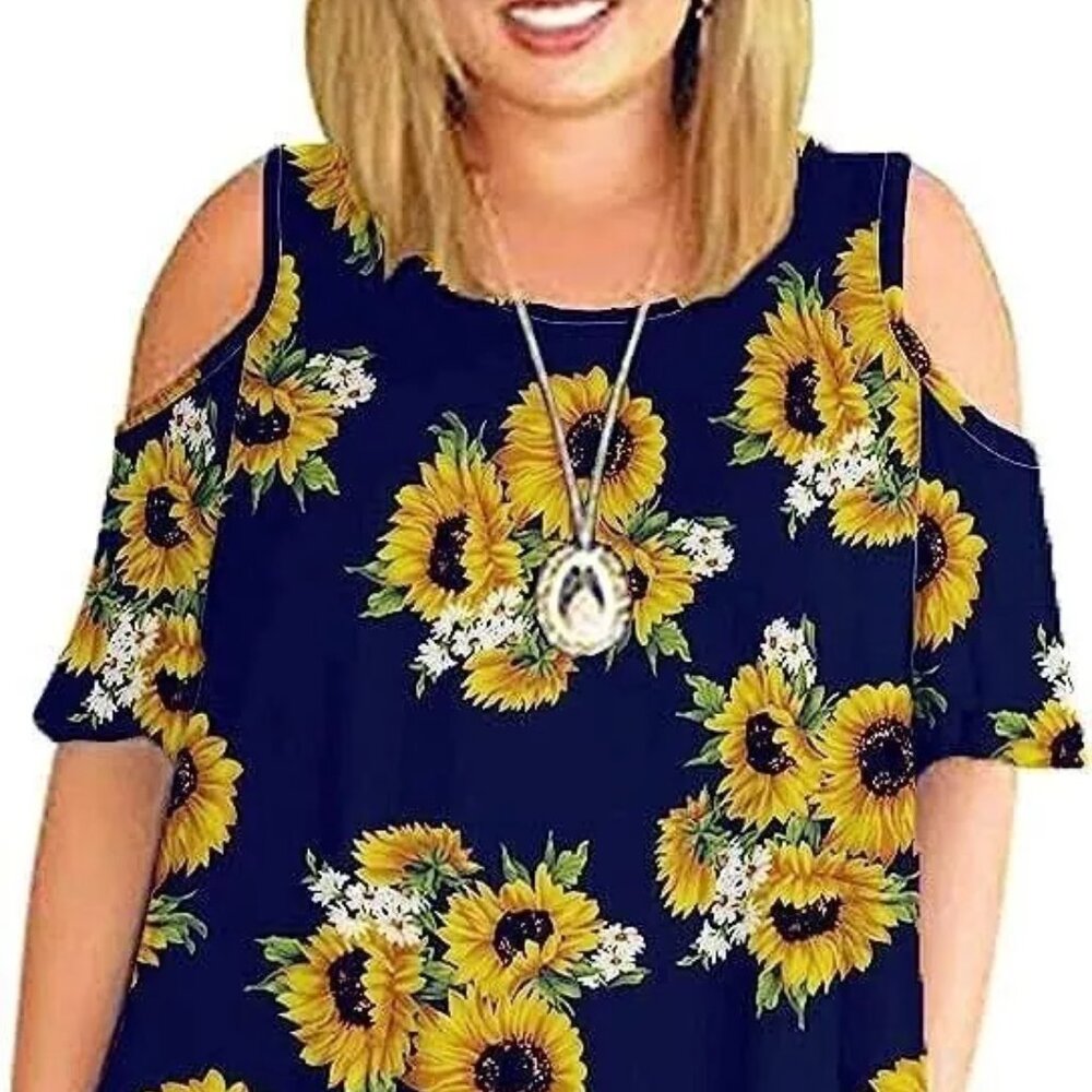 Kancystore Plus Size Dresses Short Sleeve Cold Shoulder Casual -Navy